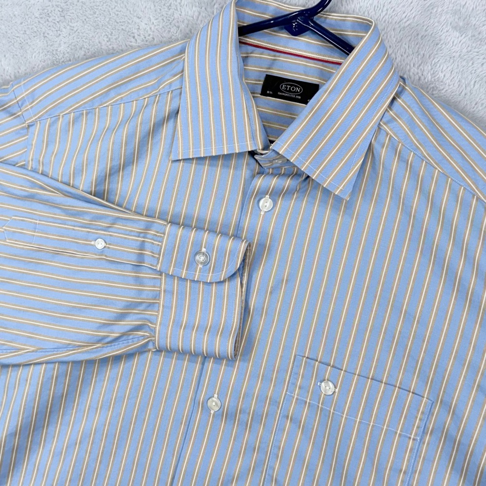 Eton Ganghester 1928 Dress Shirt Men 16.5 42 Blue Tan Striped Long Sleeve Cotton
